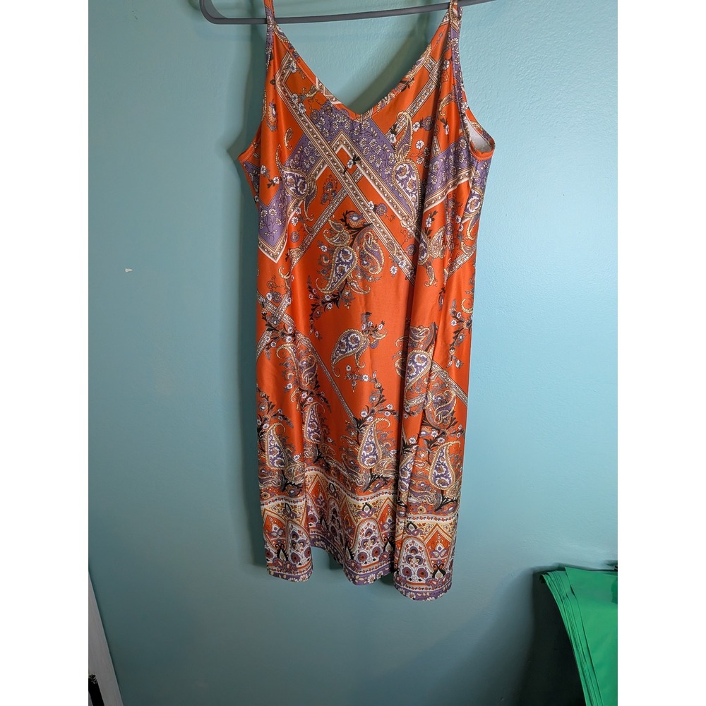 Orange Paisley Scarf Print Slip Dress V-Neck Mini Adjustable Straps Large